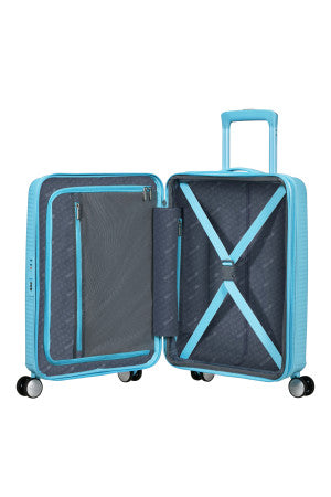 American-Tourister-Soundbox-expandable-cabin-suitcase-55x40x20cm-blueberryfizz-carews-limerick-open