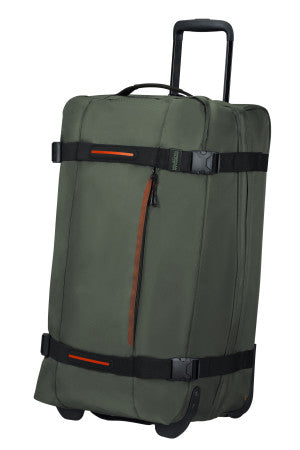 Front view of the khaki green American Tourister Urban Track 68cm wheeled duffle bag, showing the protective base and wheels.