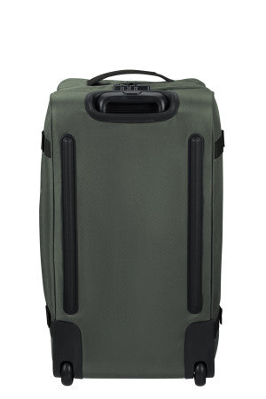 ack view of the khaki green American Tourister Urban Track 68cm wheeled duffle bag, showing the protective base and wheels.