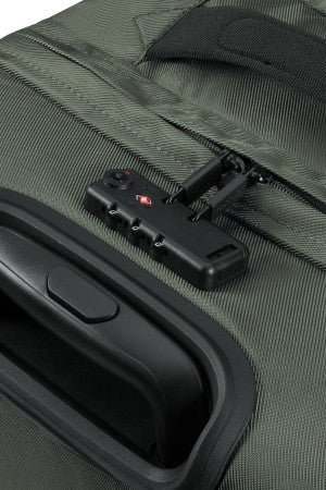 Khaki green American Tourister Urban Track 68cm wheeled duffle bag, showing the extendable pull handle