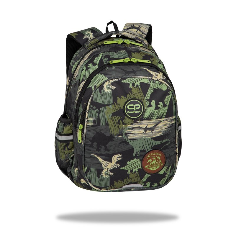 A backpack with a green and black dinosaur camouflage pattern, featuring lime green zipper pulls, a circular CP logo patch on the front, and a round brown 'Adventure patch, shown on a white background with a soft shadow underneath.