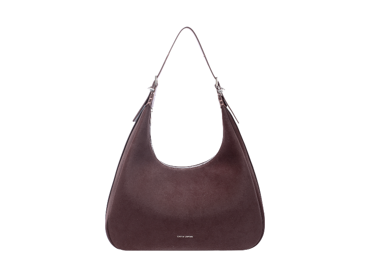 A dark brown leather hobo shoulder bag with a single strap and a small gold logo on the bottom center, shown against a plain white background.