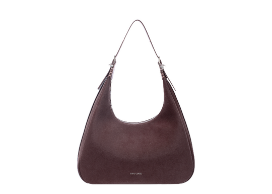 A dark brown leather hobo shoulder bag with a single strap and a small gold logo on the bottom center, shown against a plain white background.