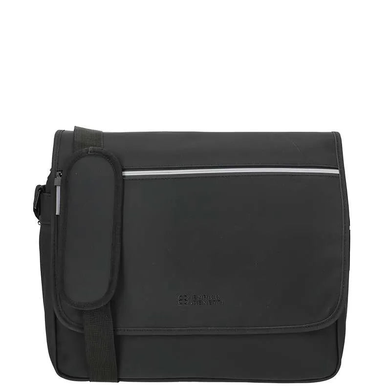A black nylon messenger bag with a front flap, a horizontal reflective silver stripe, and a side utility pocket, shown against a plain white background.