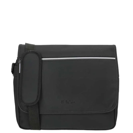 A black nylon messenger bag with a front flap, a horizontal reflective silver stripe, and a side utility pocket, shown against a plain white background.