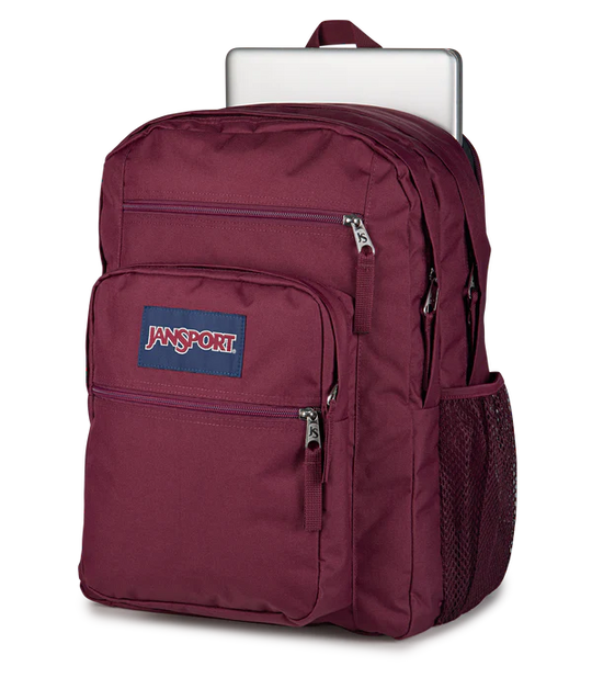 Laptop View JanSport Big Student 34L large school bag in cherry lacquer colour , a durable secondary school backpack available at Carews of Limerick