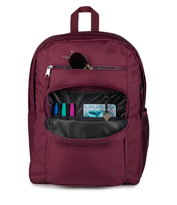 Pocket JanSport Big Student 34L large school bag in cherry lacquer colour , a durable secondary school backpack available at Carews of Limerick