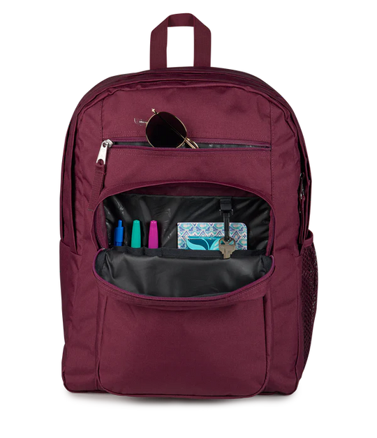 Pocket JanSport Big Student 34L large school bag in cherry lacquer colour , a durable secondary school backpack available at Carews of Limerick