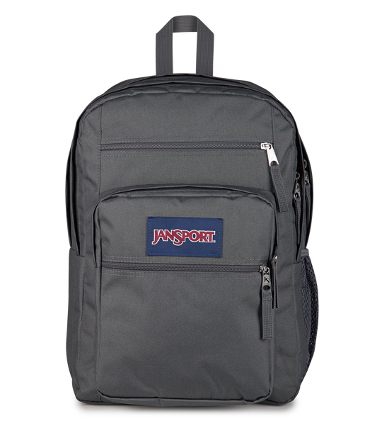Front view JanSport Big Student 34L large school bag in smokey grit colour , a durable secondary school backpack available at Carews of Limerick