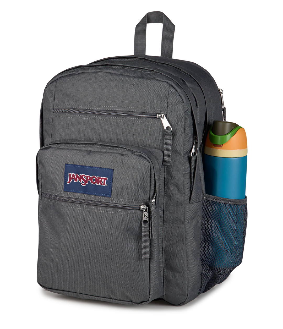 Bottle pocket view JanSport Big Student 34L large school bag in smokey grit colour , a durable secondary school backpack available at Carews of Limerick