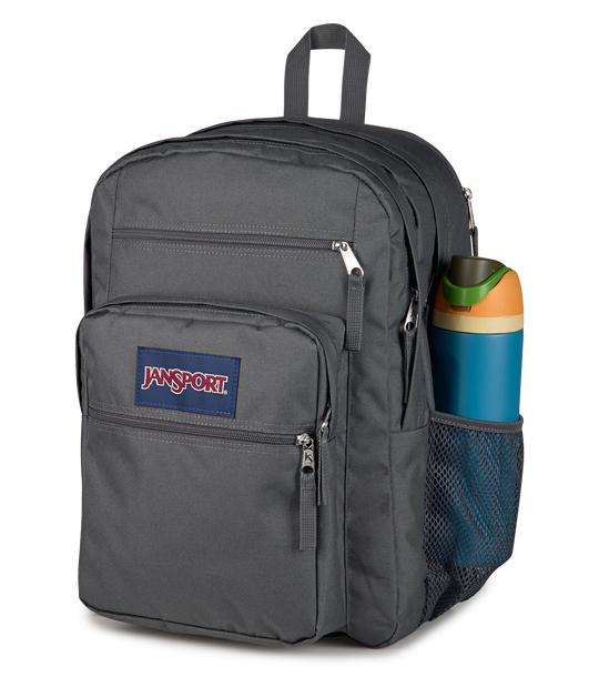 Bottle pocket view JanSport Big Student 34L large school bag in smokey grit colour , a durable secondary school backpack available at Carews of Limerick