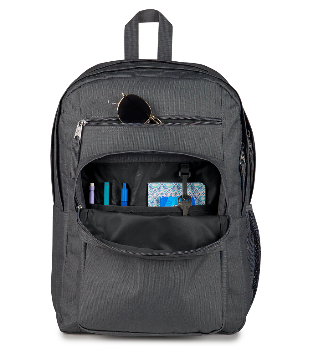 Pocket view JanSport Big Student 34L large school bag in smokey grit colour , a durable secondary school backpack available at Carews of Limerick