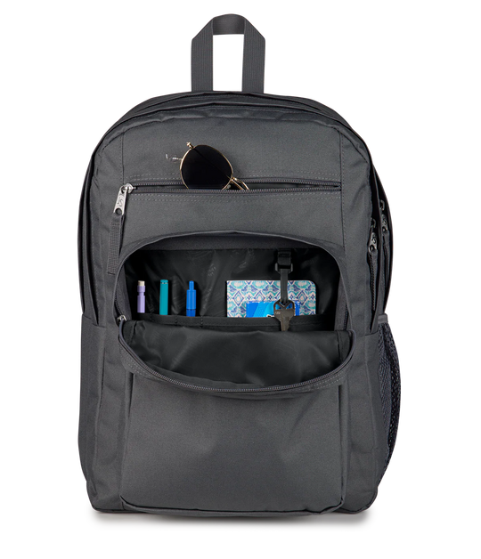 Pocket view JanSport Big Student 34L large school bag in smokey grit colour , a durable secondary school backpack available at Carews of Limerick
