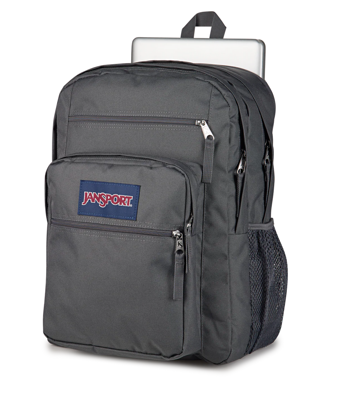 laptop pocket view JanSport Big Student 34L large school bag in smokey grit colour , a durable secondary school backpack available at Carews of Limerick