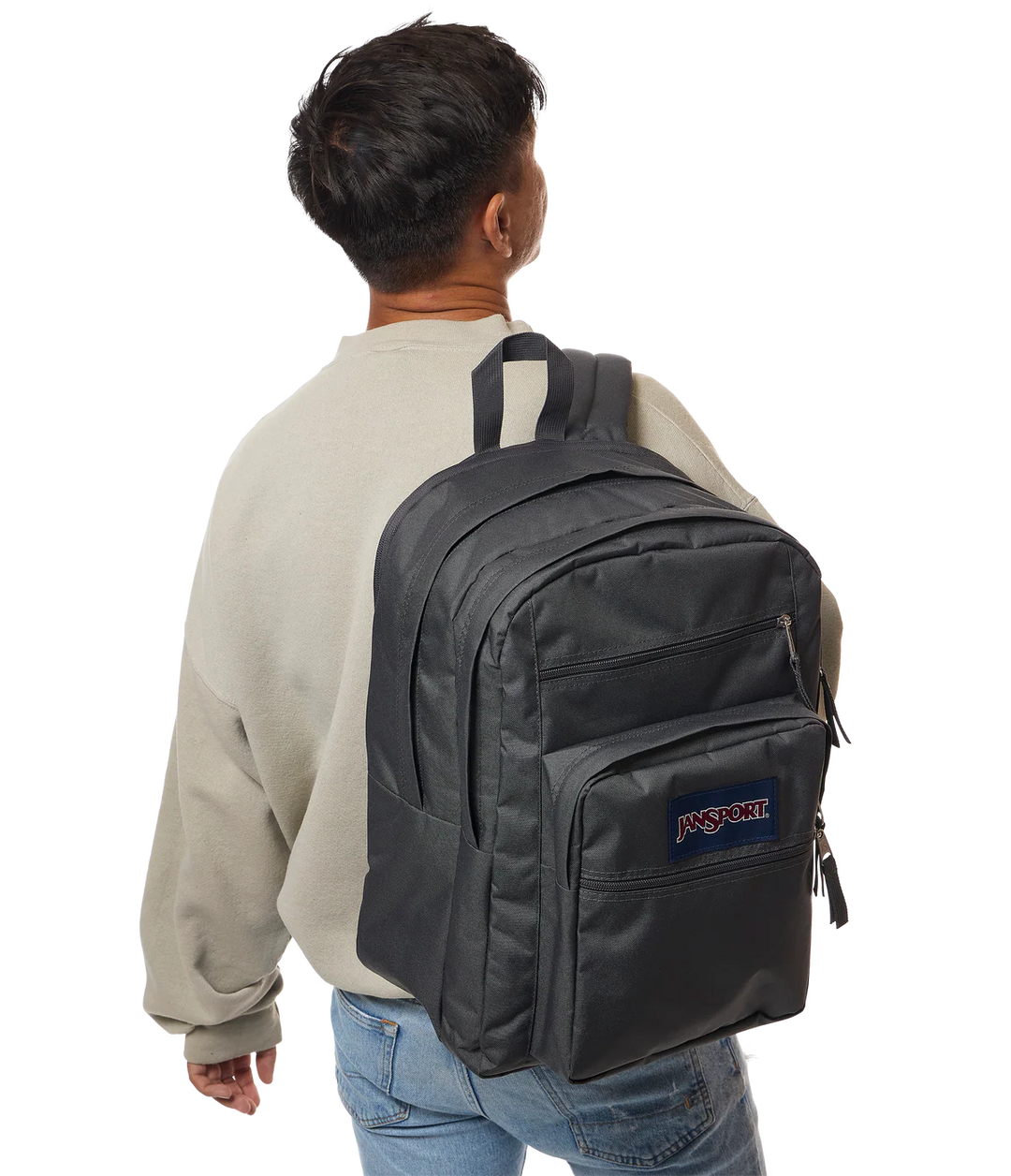 Front View JanSport Big Student 34L large school bag in smokey grit colour , a durable secondary school backpack available at Carews of Limerick