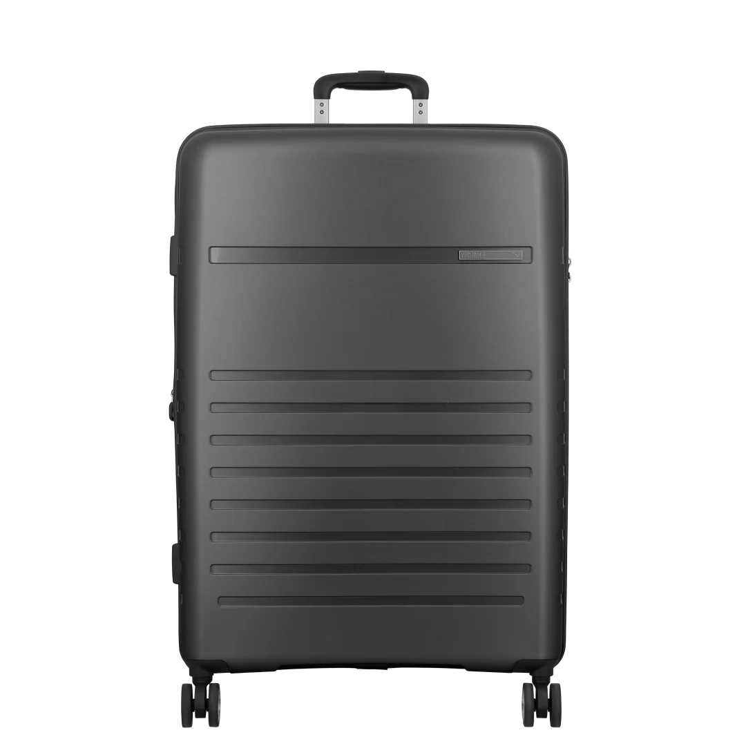 A matte black hard-shell spinner suitcase with a telescoping handle extended, shown from a front-facing perspective on a solid white background.