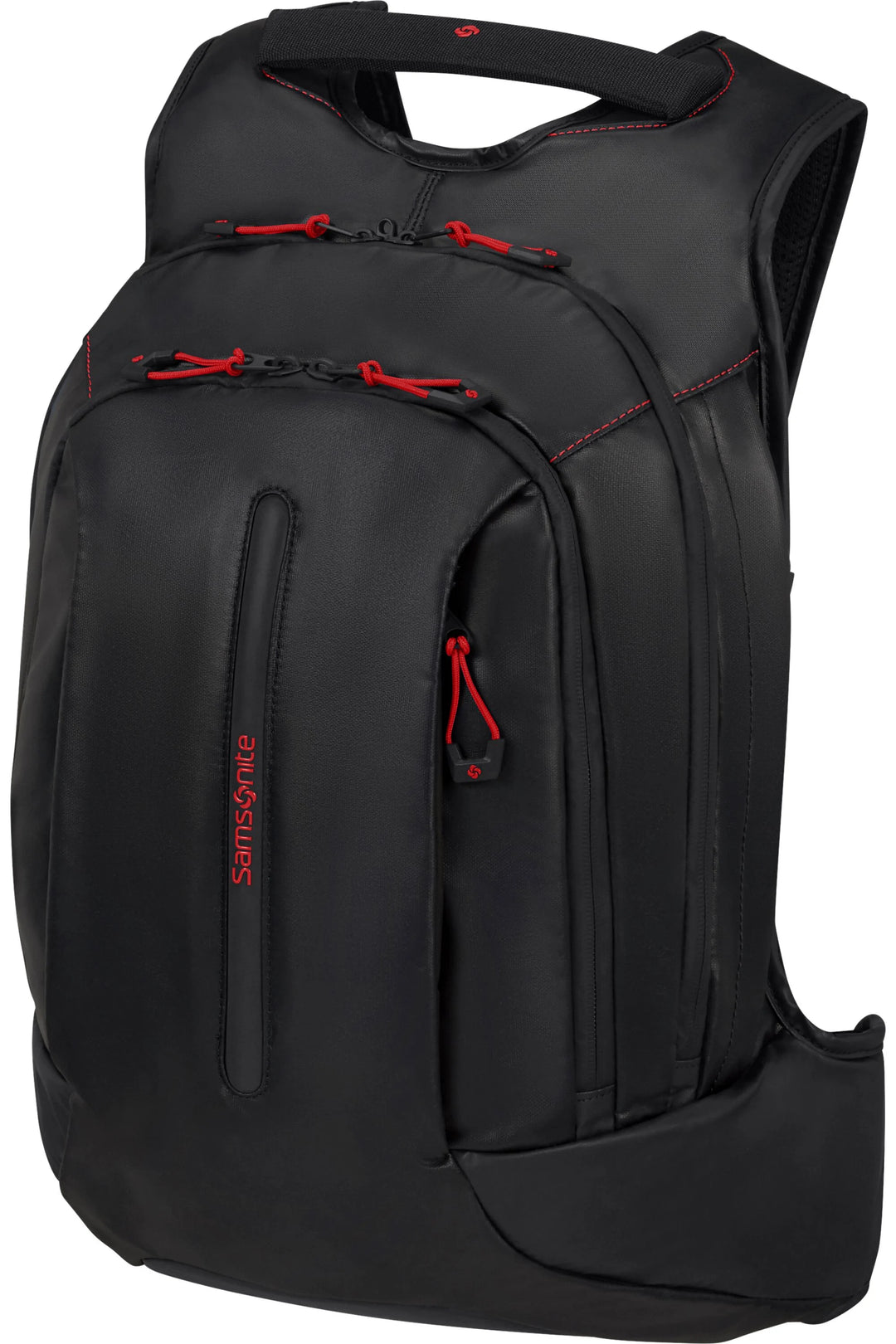 A black Samsonite backpack with red zipper pulls and red contrast stitching, shown against a plain white background.