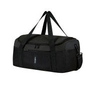 A black Ryanair Samsonite duffel bag with dual top handles and a small vertical zipper pocket on the front, shown against a plain white background.
