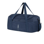A navy blue duffel bag with dual top handles and a zippered side pocket, shown on a plain white background.