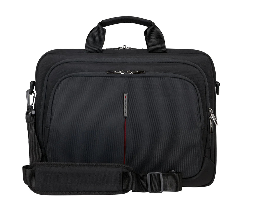 A black laptop briefcase with a top handle, adjustable shoulder strap, and a vertical red accent line on the front pocket, shown against a plain white background.