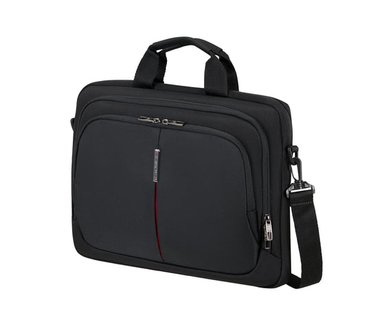 A Samsonite Guardit3.0 black nylon laptop briefcase with a top handle, adjustable shoulder strap, and a vertical red accent stripe on the front zippered pocket.