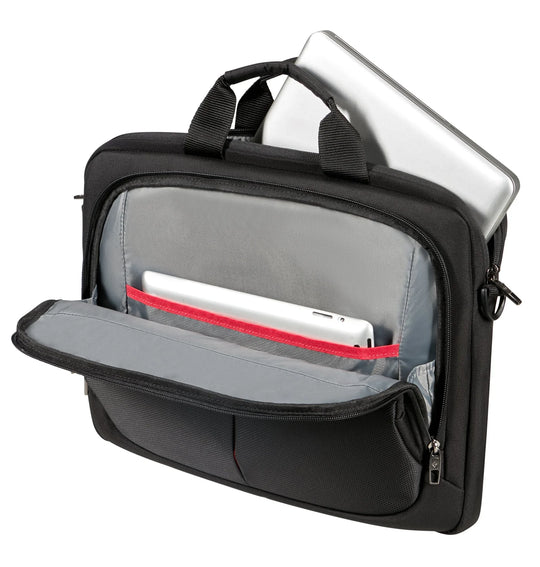 Black laptop bag with compartments containing a silver laptop and other items on a white background